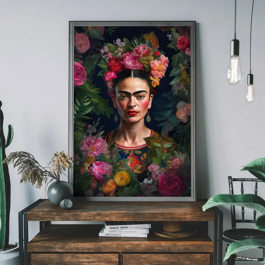 Frida Kahlo with her iconic uni brow surrounded by colourful roses on a black backgroung
