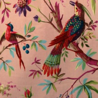 Pink velvet pouch for cosmetics featuring exotic birds and plants