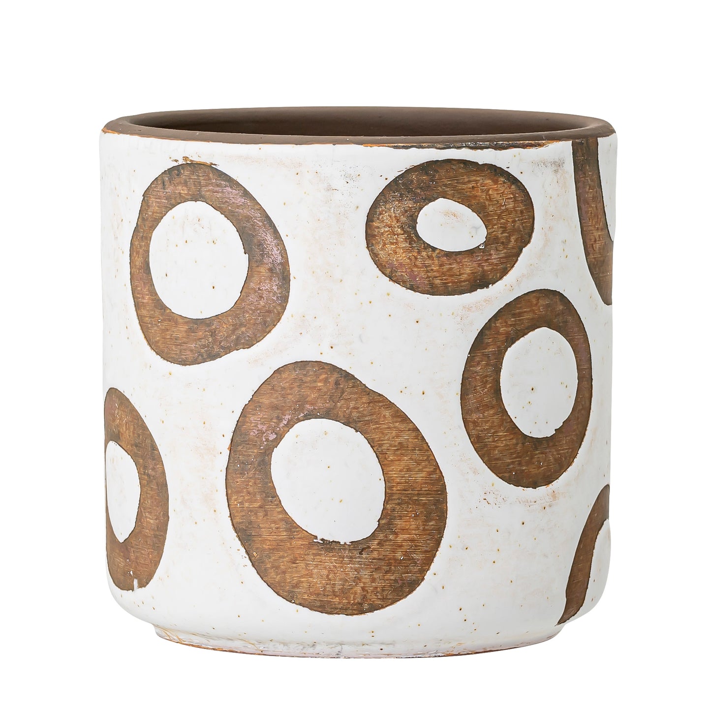 terracoota flower pot with white background and random terracotta coloured circles