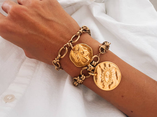 Gold bracelet with ethnic boho coin charm