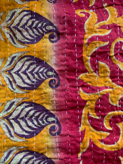 Colourful Kantha throw made from upcycled vintage saris model 24