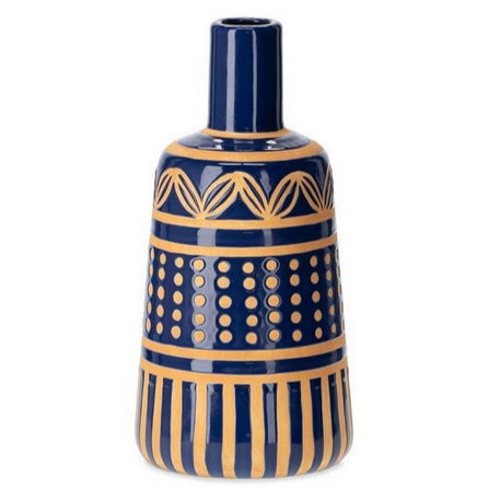 blue ceramic vase with yellow inset design