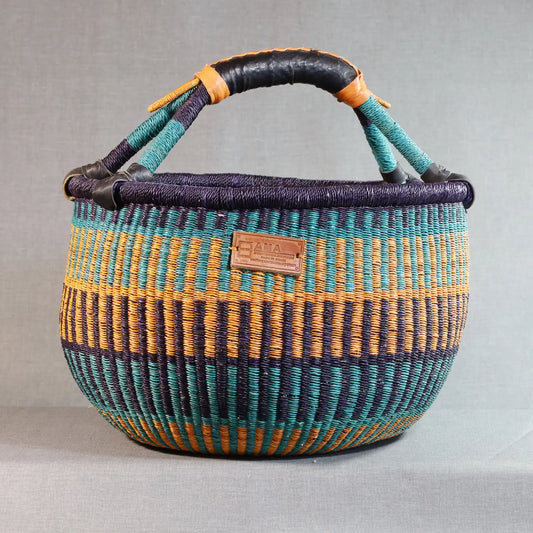 striped basket handmade in ghana teal navy and yellow colour combination with handles