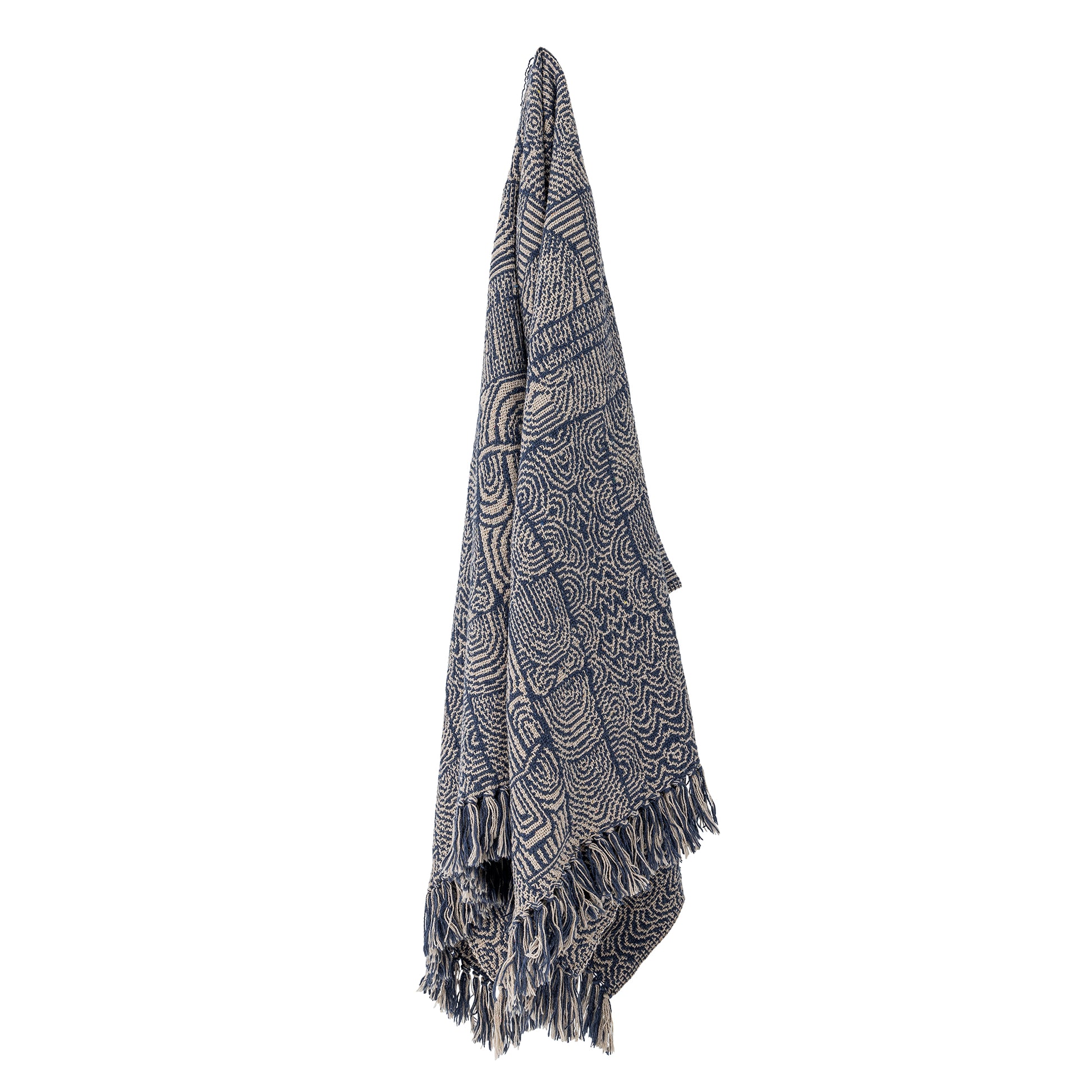 recycled cotton throw with intricate blue and off white design