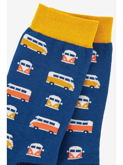 Fun campervan themed bamboo socks for men featuring many campervans.  perfect as an extra gift and as a quirky accessory in the wardrobe