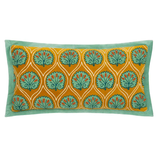 rectangular cushion in ochre and palee green with floral motif