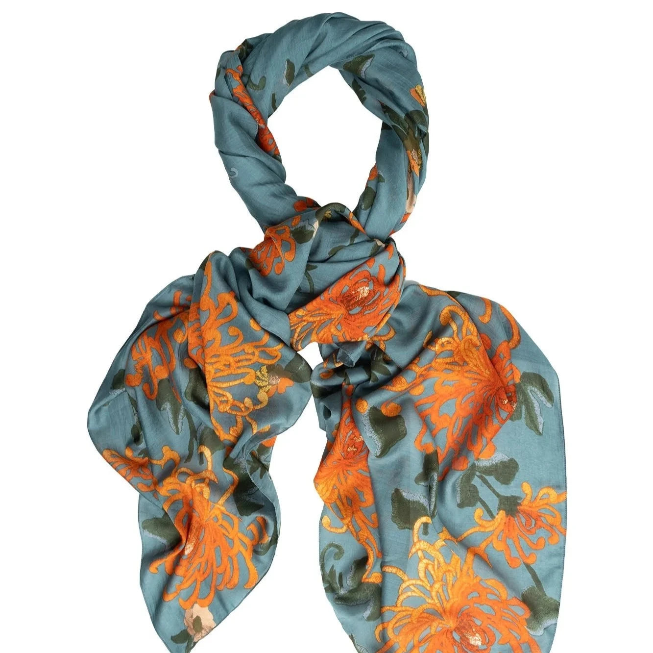 teal scarf with chrysanthemum orange flowers