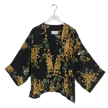 black crepe kimono with yellow and green chrysanthemum design