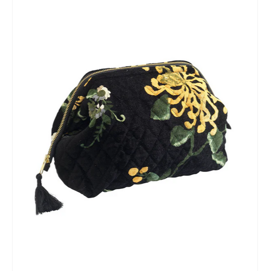 Cosmetic pouch in black velvet with floral pattern