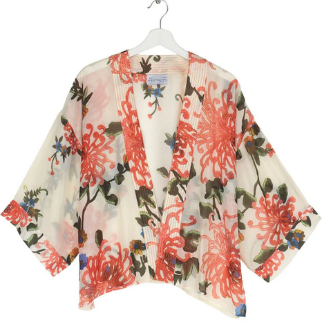 kimono with chrysanthemum print in coral and green leaves on light cream background