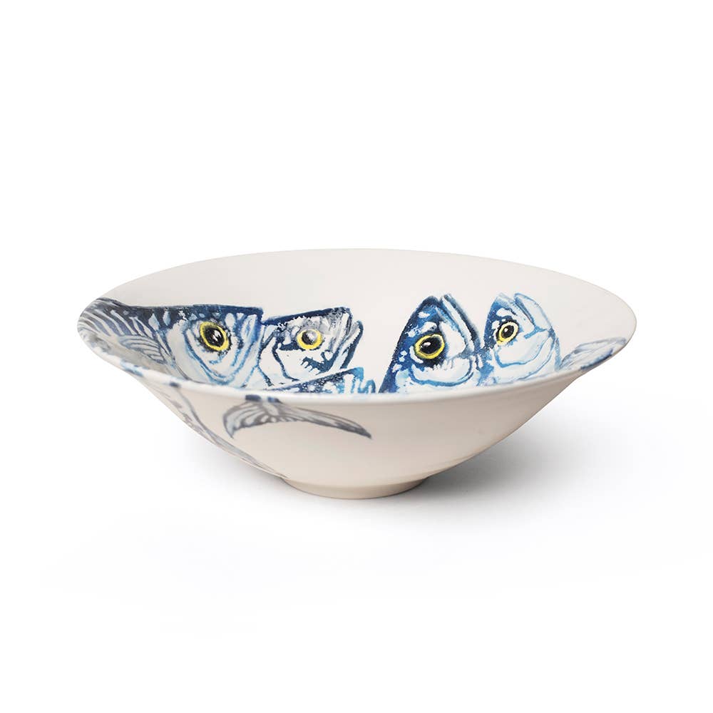 salad bowl with blue hand applied mackerel design