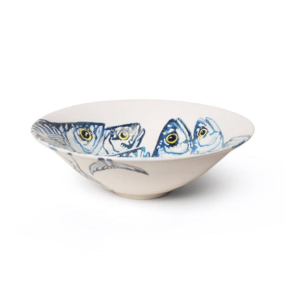 salad bowl with blue hand applied mackerel design