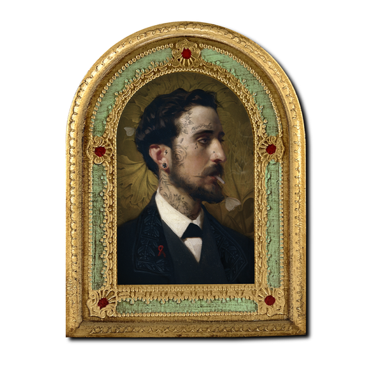 WOODEN FRAME ROUNDED AT TOP PORTRAIT OF MAN SMOKING WITH TATOOS