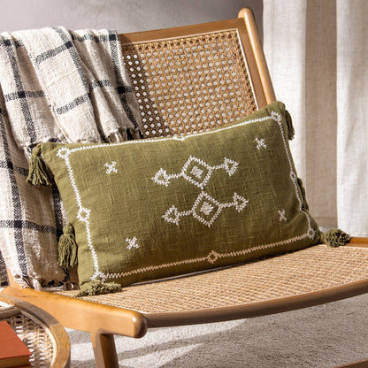 rectangular cushion in khaki with white embroidered design and six tassels 50 x 30 feather filled