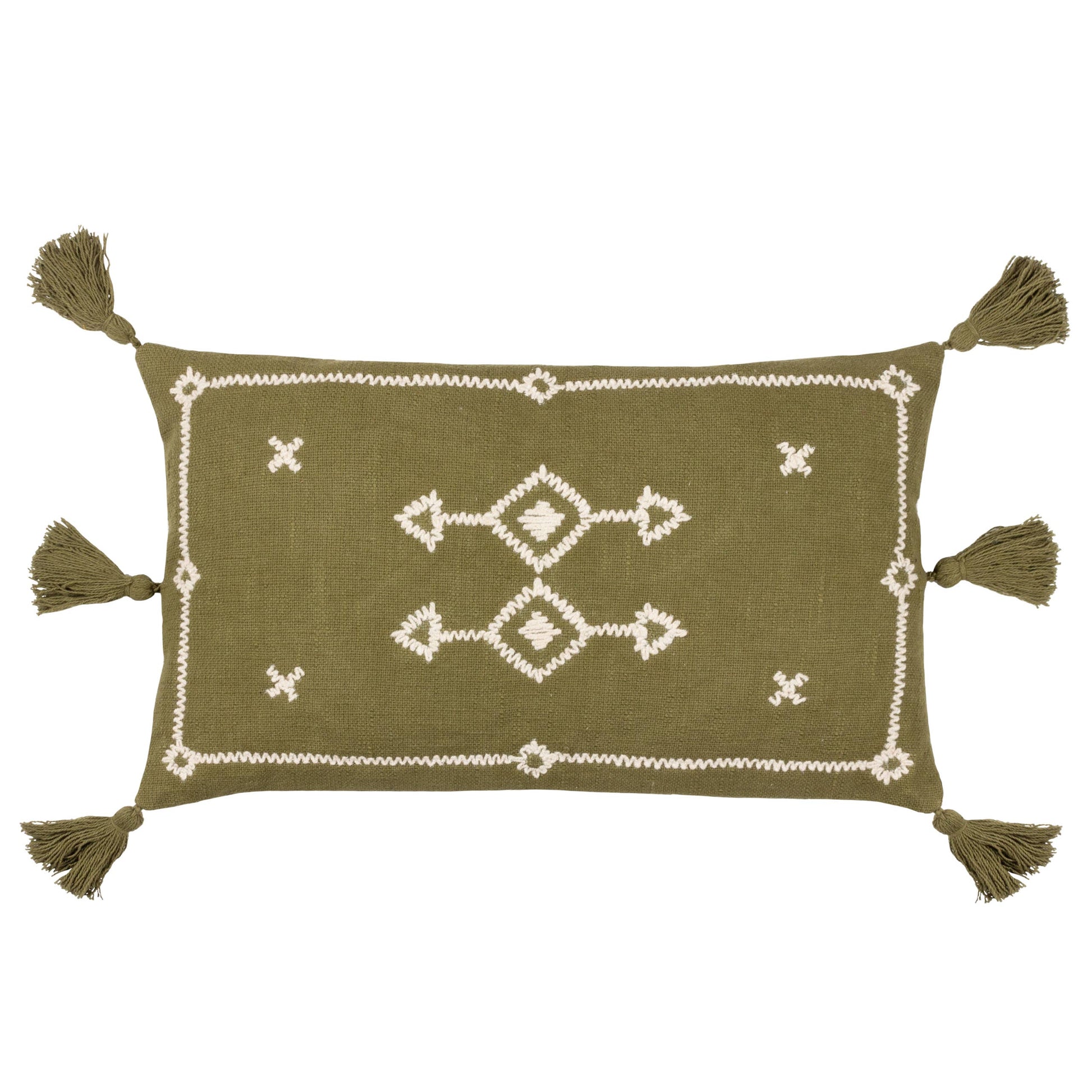 rectangular cushion in khaki with white embroidered design and six tassels 50 x 30 feather filled