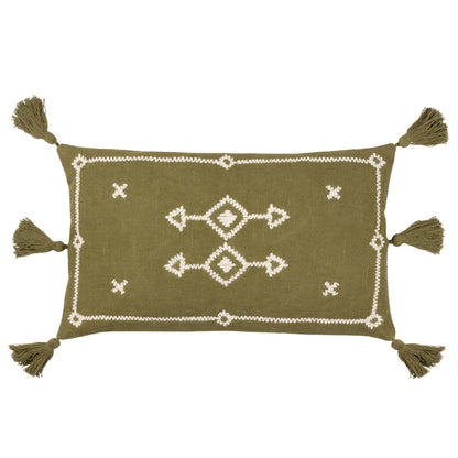 rectangular cushion in khaki with white embroidered design and six tassels 50 x 30 feather filled