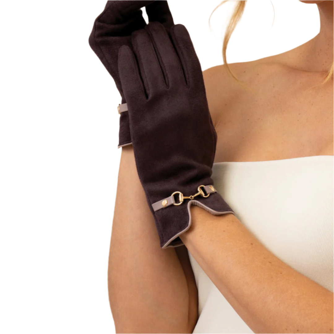 Gloves chocolate colour with taupe trip and buckle at wrist