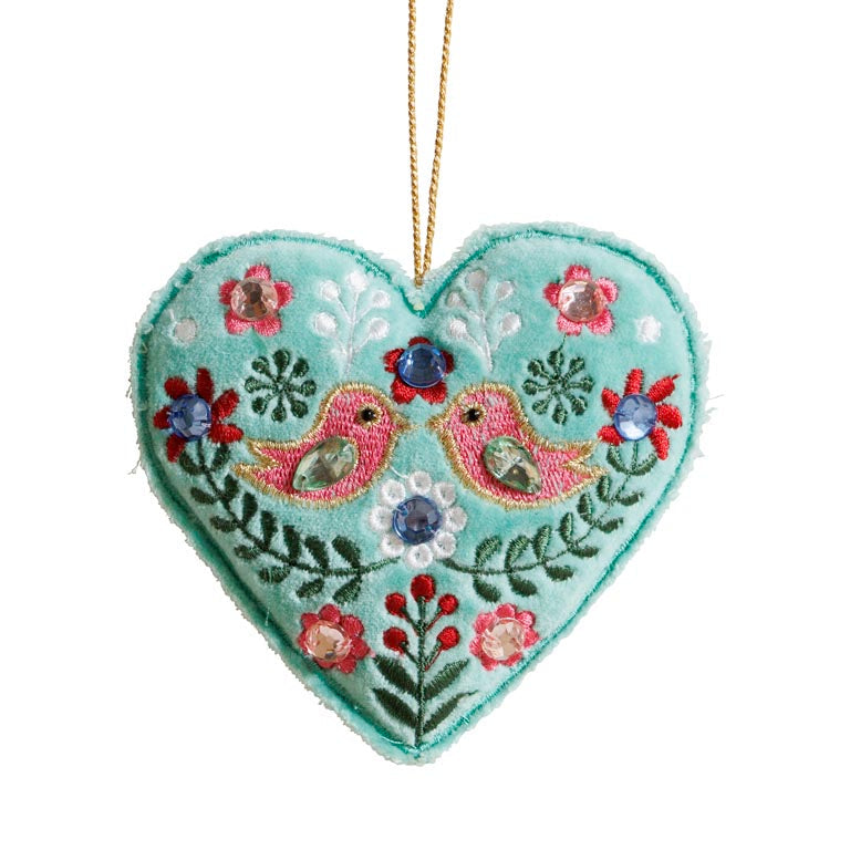 Hanging turquoise bohemian heart with birds and flower design