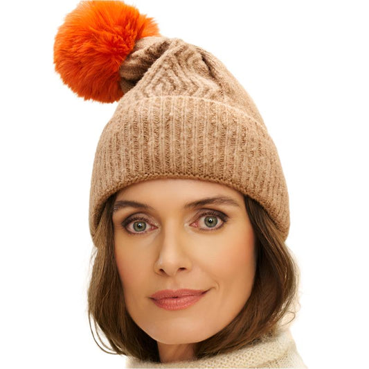 Ingrid Bobble Hat - Cappuccino  with orange bobble Powder