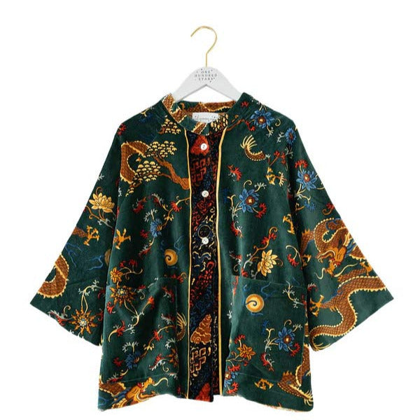 velvet jacket with buttons green with dragon design