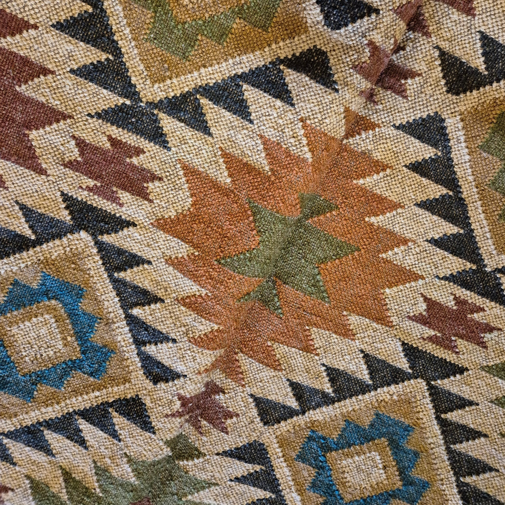 MULTICOLOURED  KILIM RUG  WITH TRADITIONAL PATTERNS AND FRINGES ON EACH END. WOOL AND JUTE 6X9