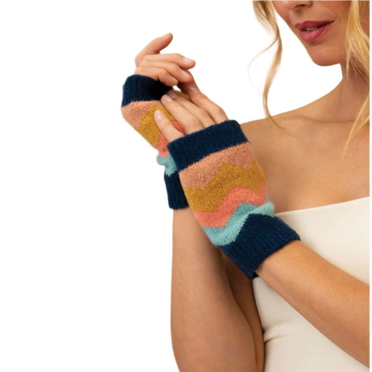 Ladies wrist warmers zig zag design multicoloured with rich navy border