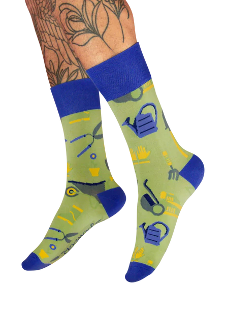 gardening themed mens socks in sage green