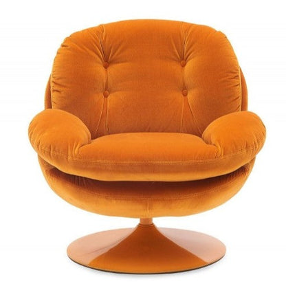 Combining style and comfort this retro 70s inspired swivel chair in velour and on a pivotal base is a real show stopper.Perfect for your living area or in a bedroom.