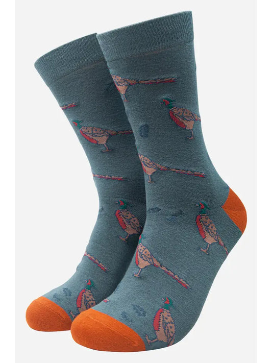 Teal Bamboo mens socks in a teal colour depicting pheasants  An ideal addition to your wardrobe