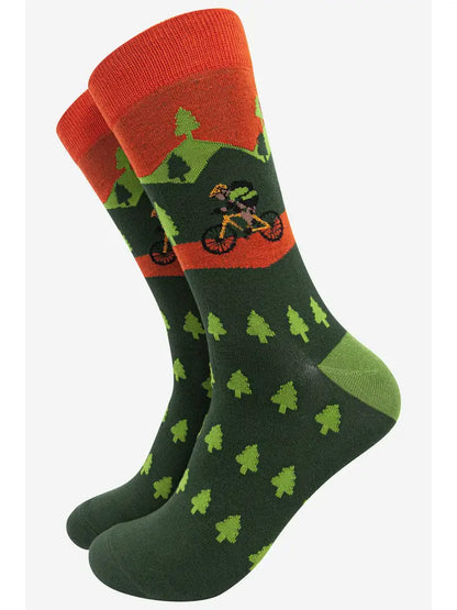 Bamboo socks for men depicting a mountain biker cycling the mountains   A lovely gift for the biker in your life  A perfect accessory