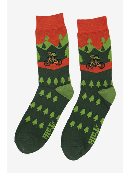 Bamboo socks for men depicting a mountain biker cycling the mountains   A lovely gift for the biker in your life  A perfect accessory