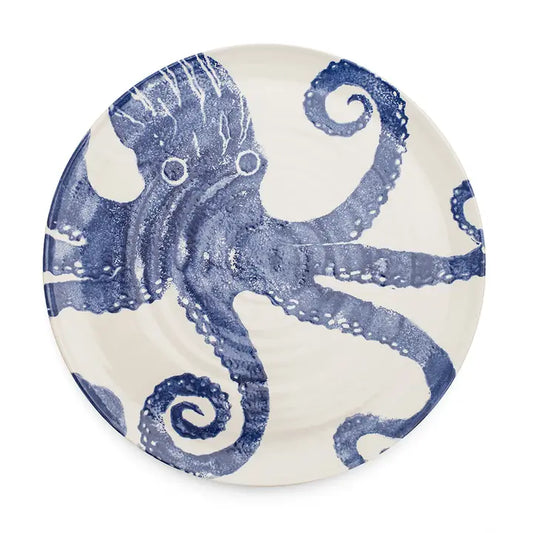 A large white handmade serving platter featuring a hand sponged octopus which wraps around onto the back of the platter
