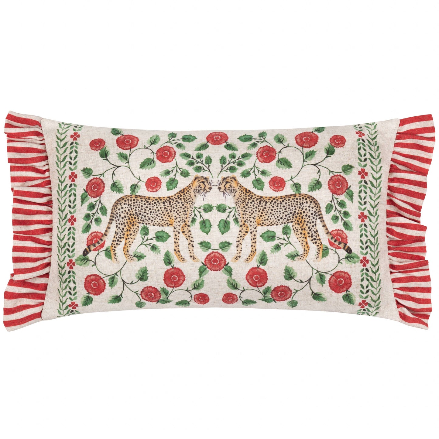 Decorative pillow with leopards, flowers, and ruffled edges on a white background