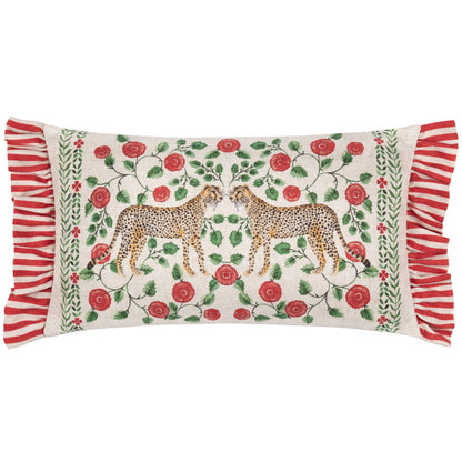 Decorative pillow with leopards, flowers, and ruffled edges on a white background