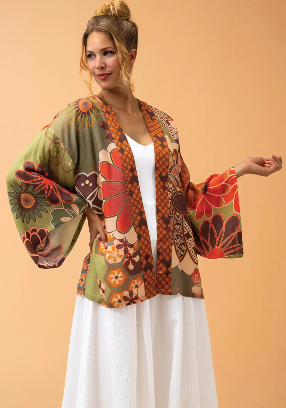 Powder 70s Kaleidoscope Floral Kimono Jacket in Sage