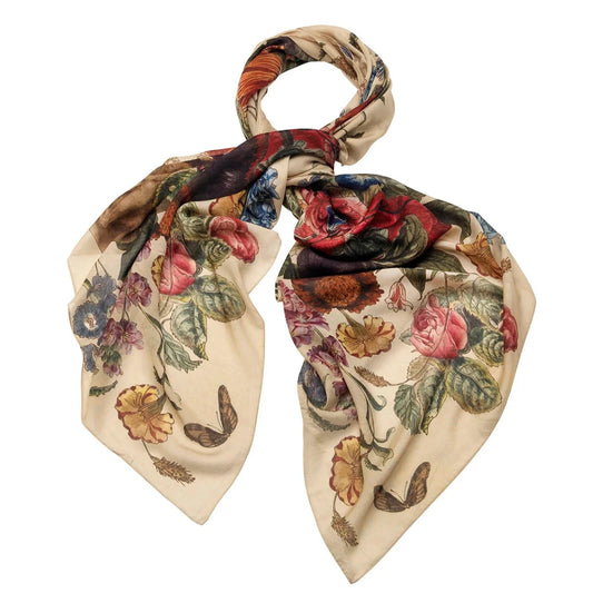 botanical printed scarf on a natural cream background