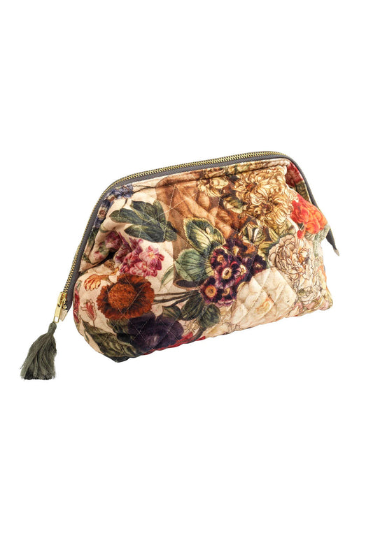 velvet cotton pouch with floral design and zipper with tassel