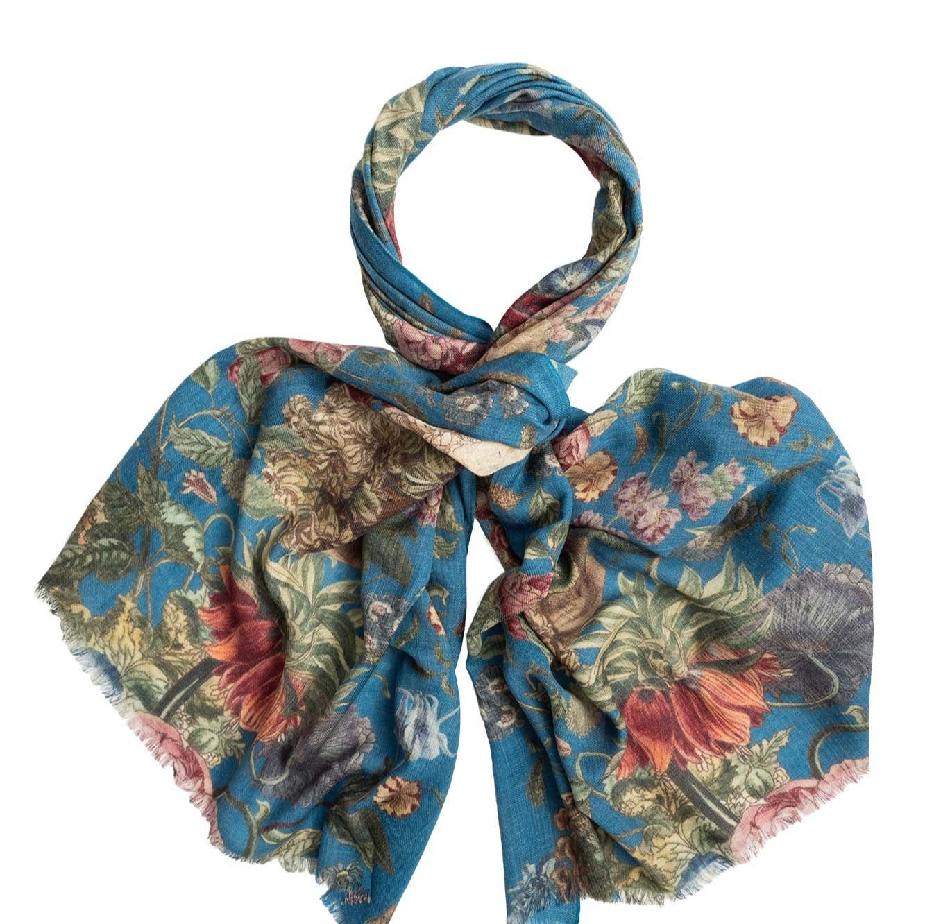 wool scarf with botanical print on teal background