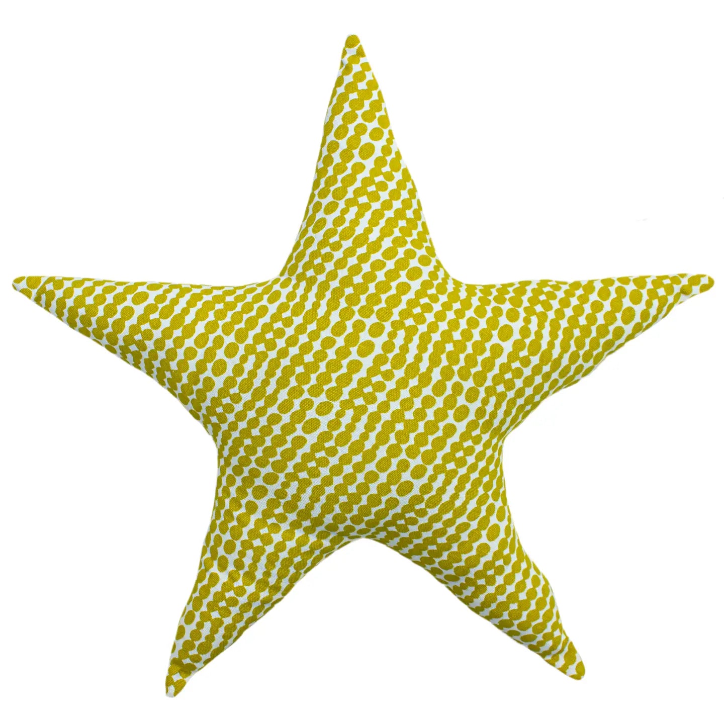 cushion in shape of printed star with two different colour ways on each side one in mustard and one in grey