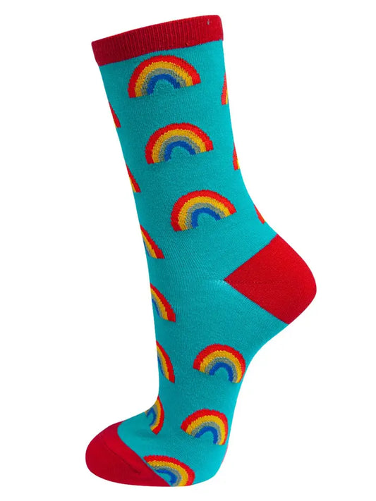 Bamboo socks for ladies depicting rainbows on a turquoise background&nbsp;