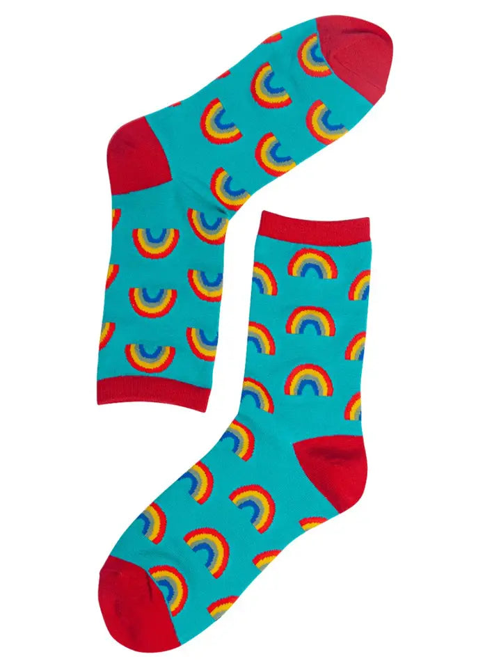 Bamboo socks for ladies depicting rainbows on a turquoise background&nbsp;