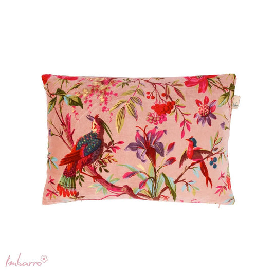 Rectangular cushion medium with bird and flower motifs on a peachy pink background