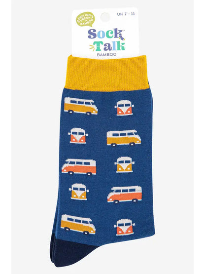 Fun campervan themed bamboo socks for men featuring many campervans.  perfect as an extra gift and as a quirky accessory in the wardrobe