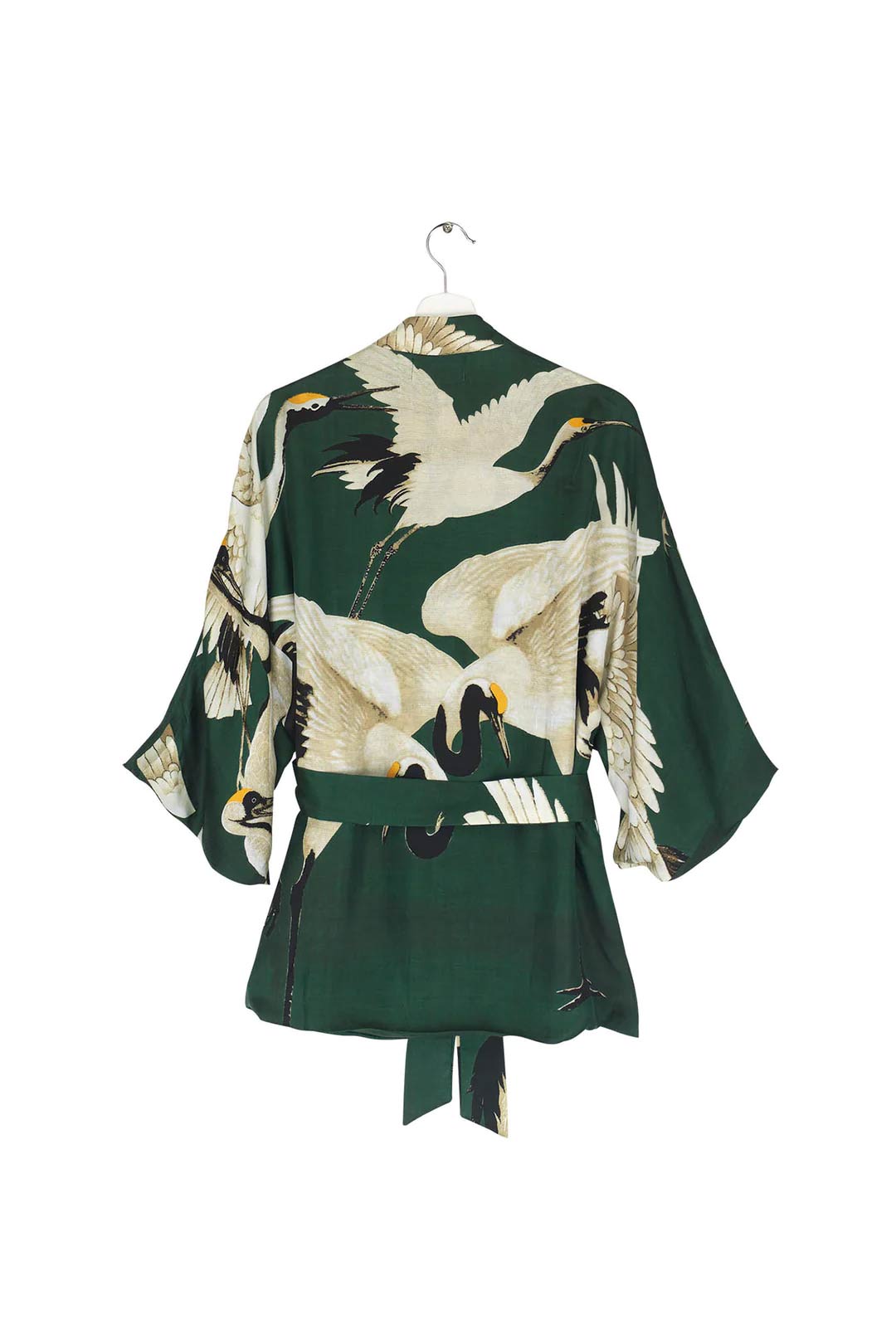 wrap jacket with storks on green background