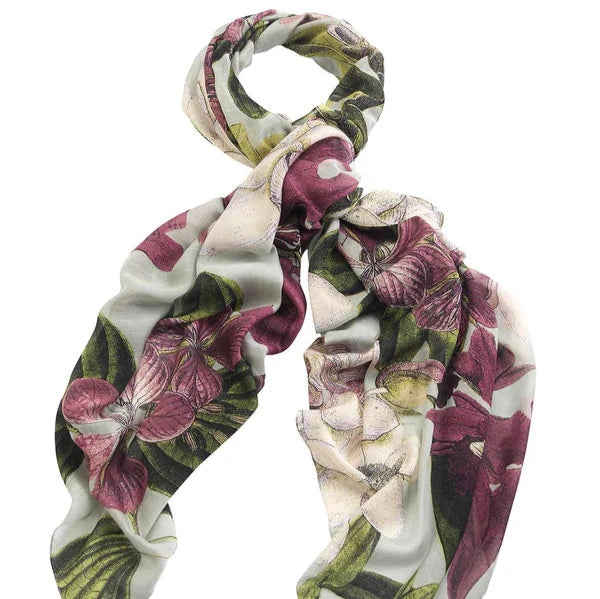 generously sized scarf with botanical design in dark pink, green and pale cream