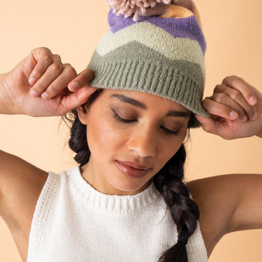 Multicoloured soft winter hat with chunky bobble