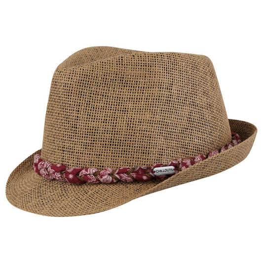 Trilby style hat with rolled paisley scarf near brim