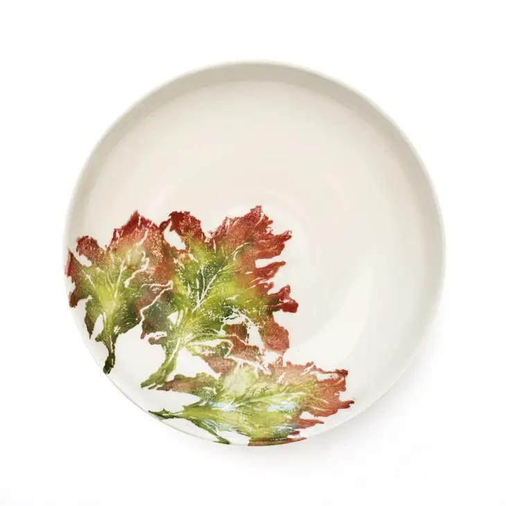Hand painted lollo rosso leaves on a white supper bowl. Also perfect as a pasta bowl