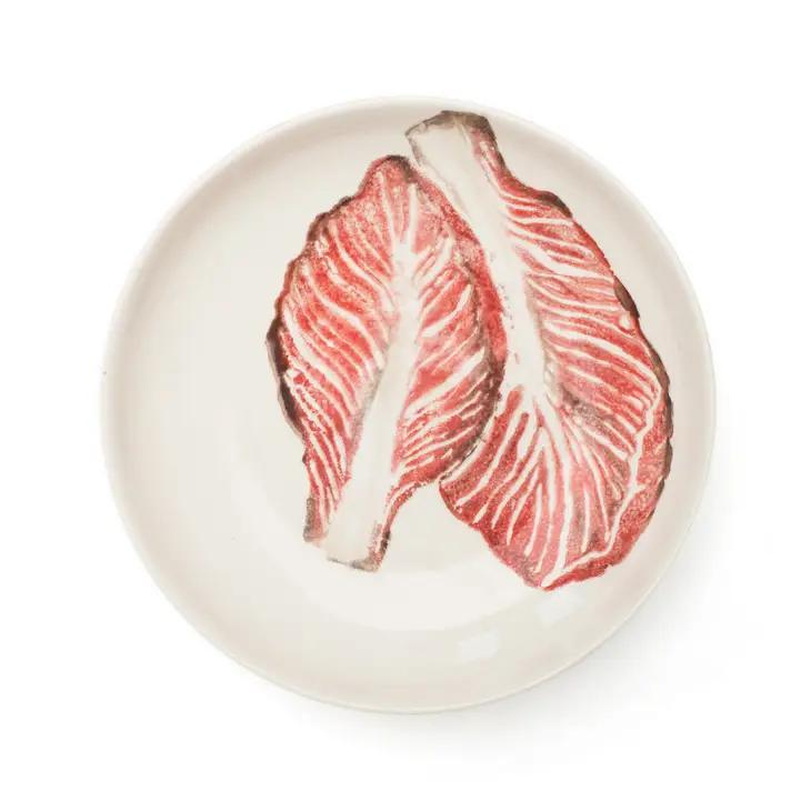 Pasta or supper bowl in white ceramic with two hand painted radicchio leaves 