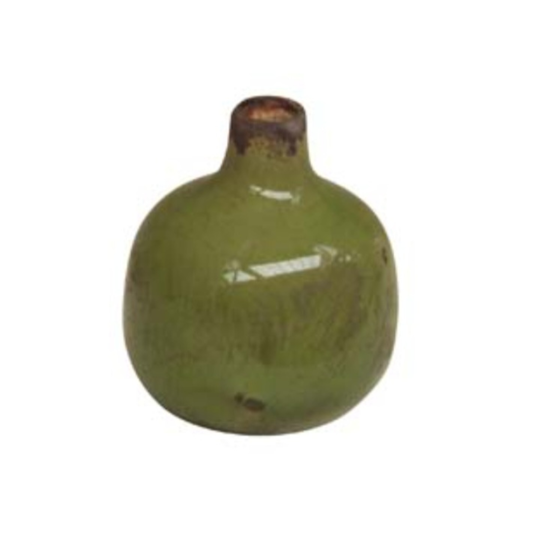 Small 10cm high bud vas with a pistacio green distressed glaze